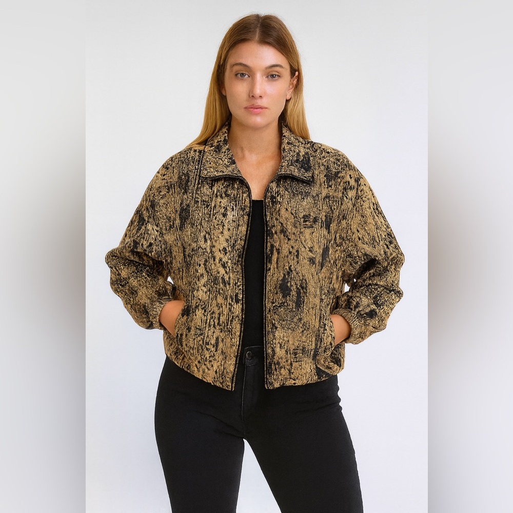 Vintage Style Gold & Black Textured Zip Jacket Statement Fall Bomber